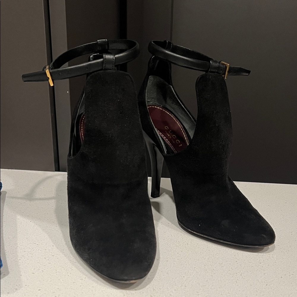 Gucci Black Suede Ankle Strap Heels
